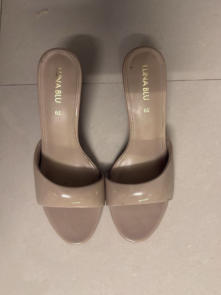 Luna Blu Nude Puff Strap Stiletto Heel Mules