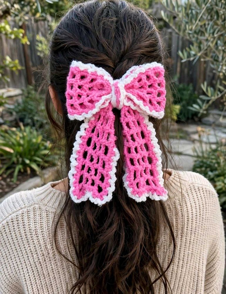 Handmade Crochet Pink Bow Hair Clip