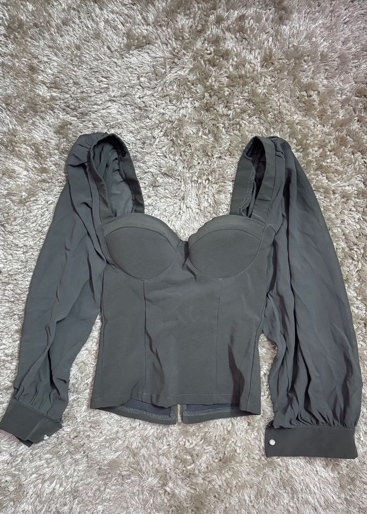 Chic Grey Puff Sleeve Corset Top