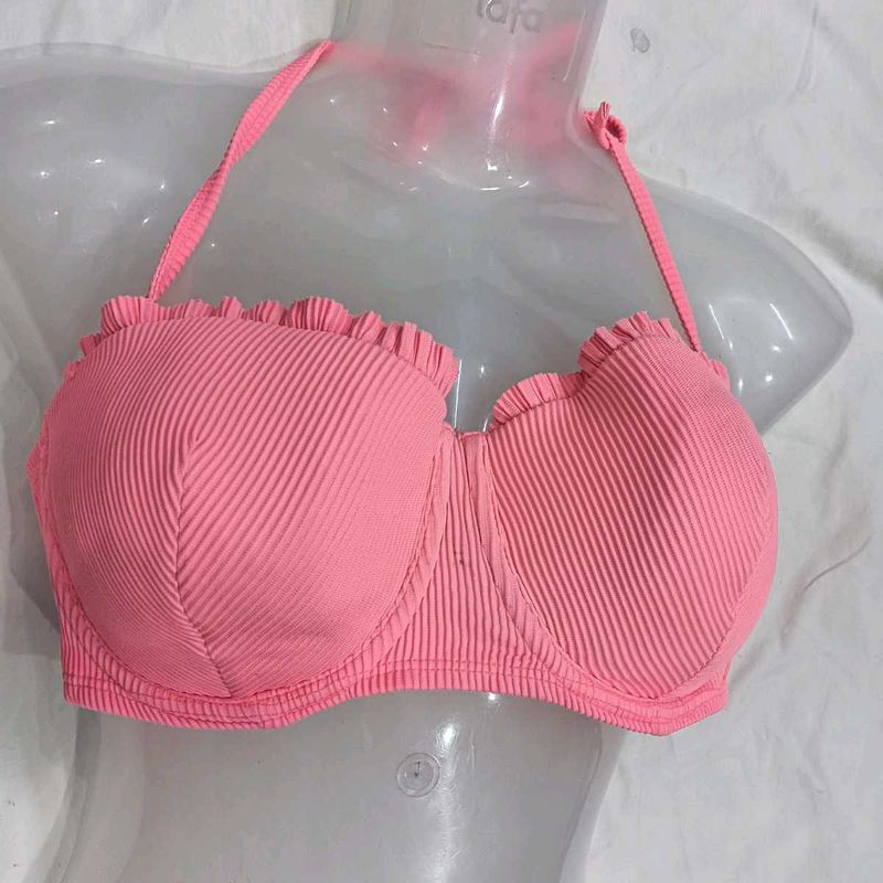 Pink Ribbed🪔 Ruffle Bikini Top