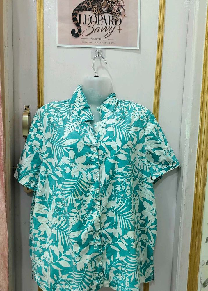 Blue Floral Print Button-Up Shirt
