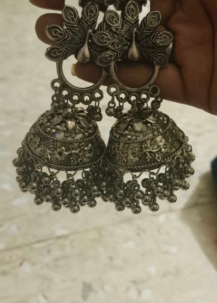 Silver Peacock Jhumka Earrings