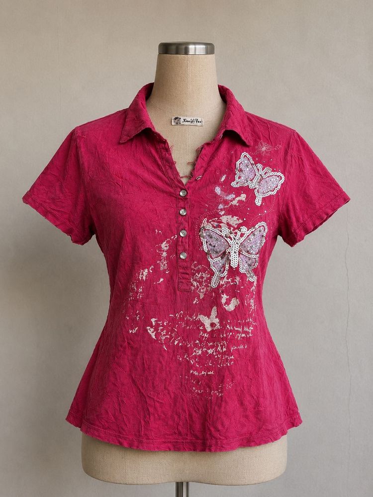 Pink Butterfly Print Collared Top