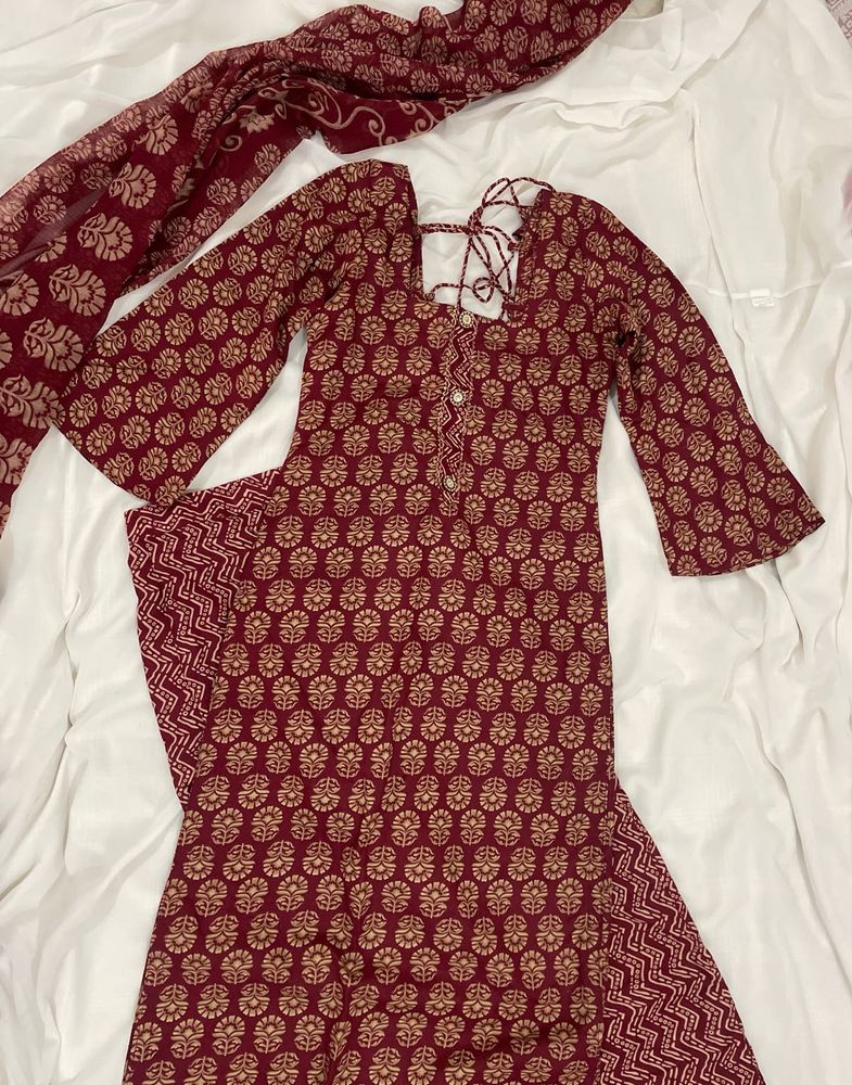 Maroon Floral Kurta Set with Dupatta