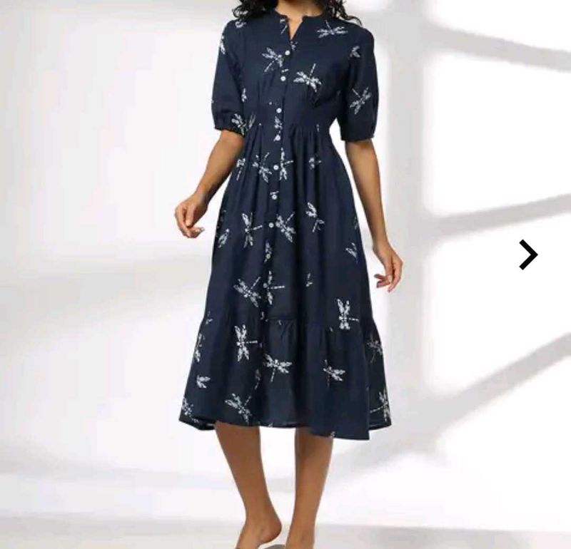 Navy Blue Dragonfly Print Midi Dress