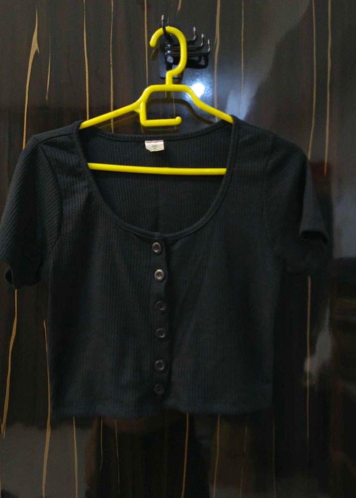 Black Button-Front Crop Top