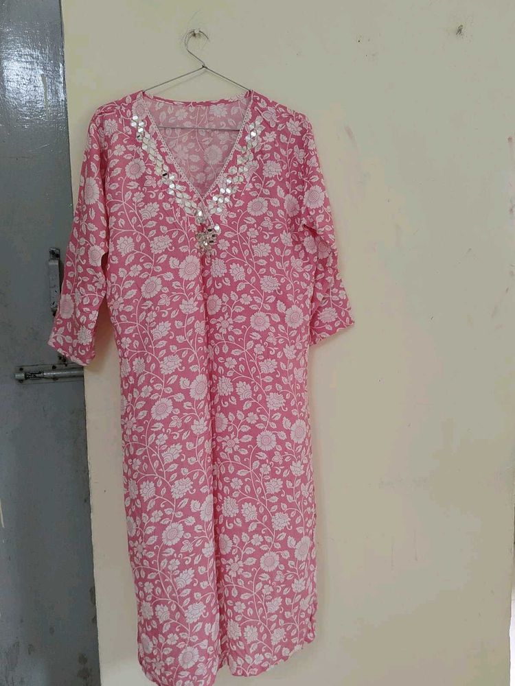 Pink Floral Kurta with Mirror Work