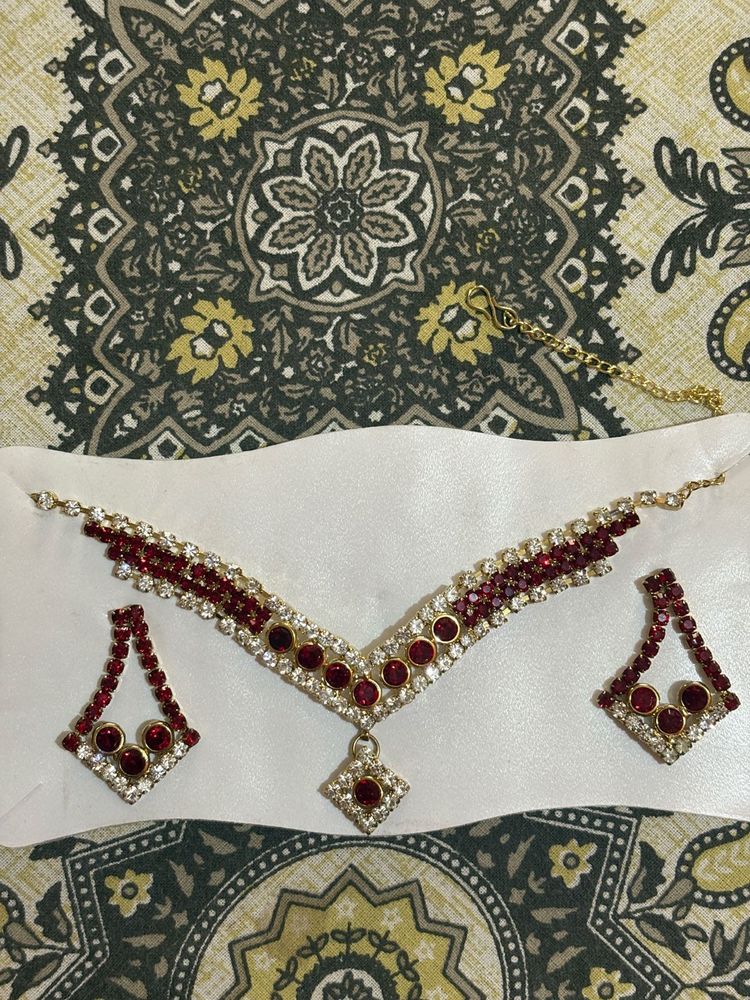 Red and Crystal Choker Necklace with Earrings