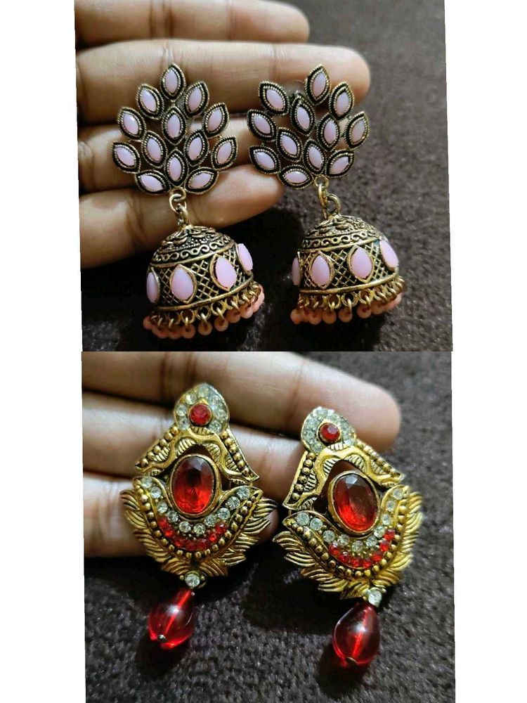 Pink Jhumkas and Red Earrings Combo