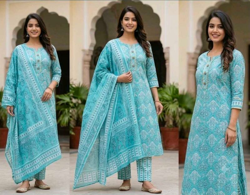 Elegant Blue Printed Kurta Set