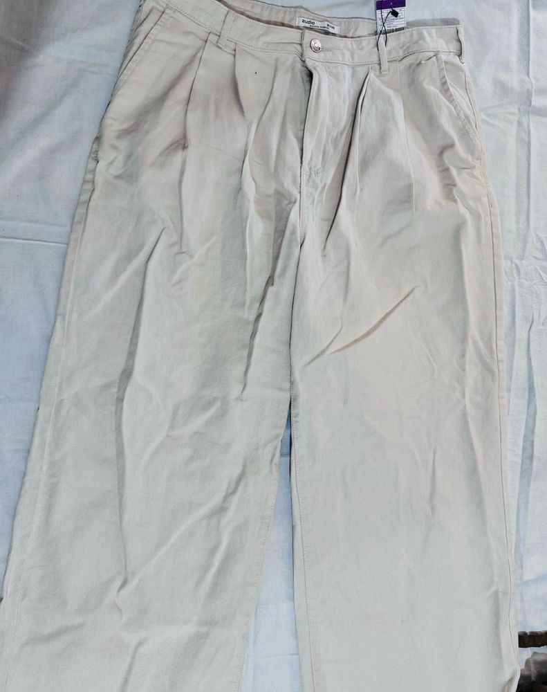Cream Wide Leg Pleated Pants