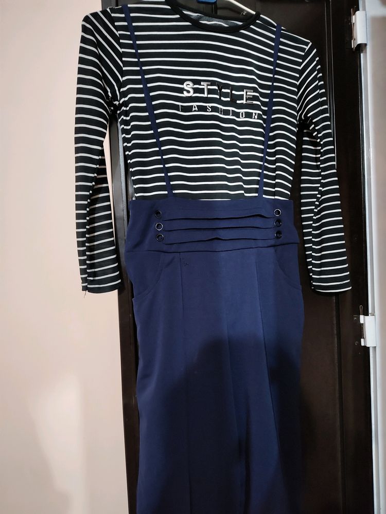 Striped Top and Navy Blue Jump Suit Pant