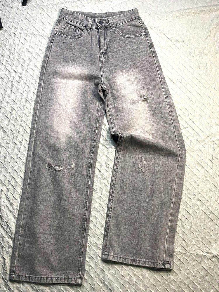 Grey Distressed Wide Leg Jeans