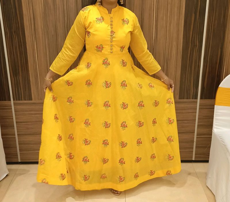 Yellow Floral Embroidered Anarkali Dress