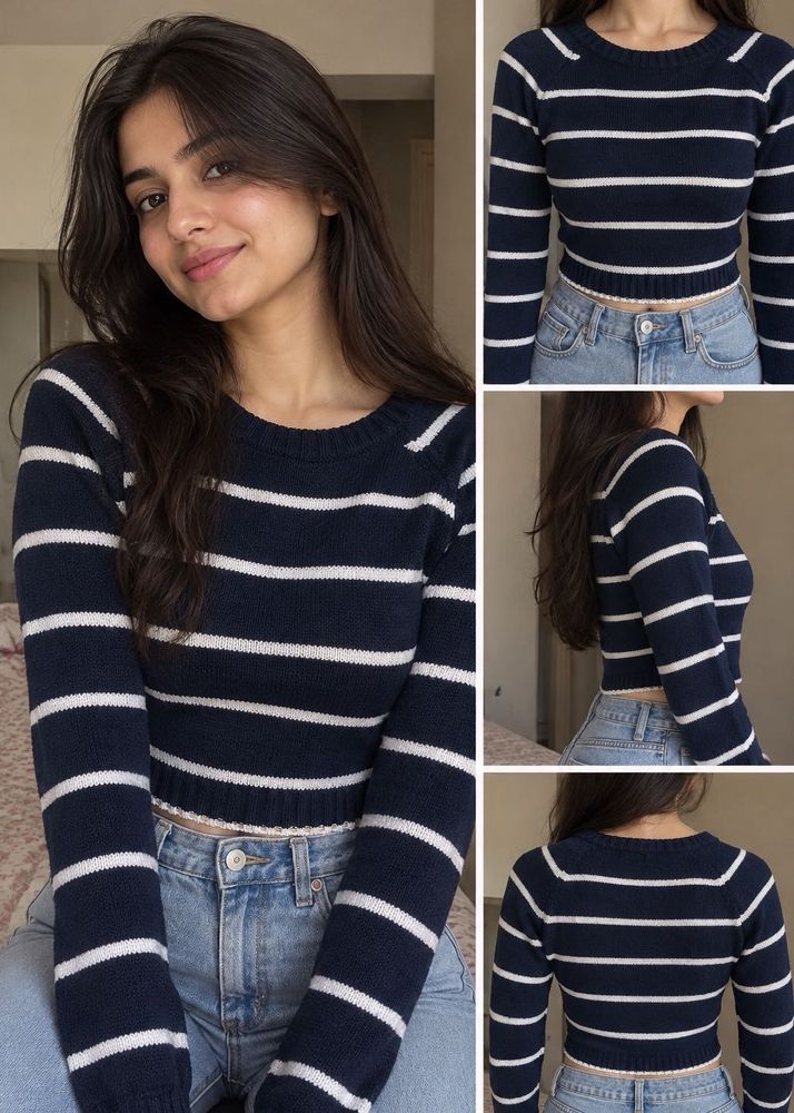 Navy &amp; White Striped Cropped Sweater