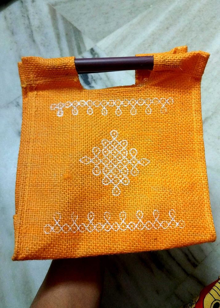 Rangoli Orange Jute Tote Bag