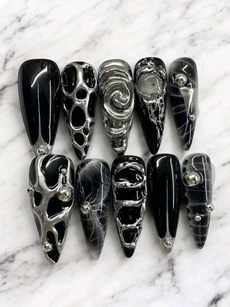 Hand made Gothic Black &amp; Silver Press-On Nails