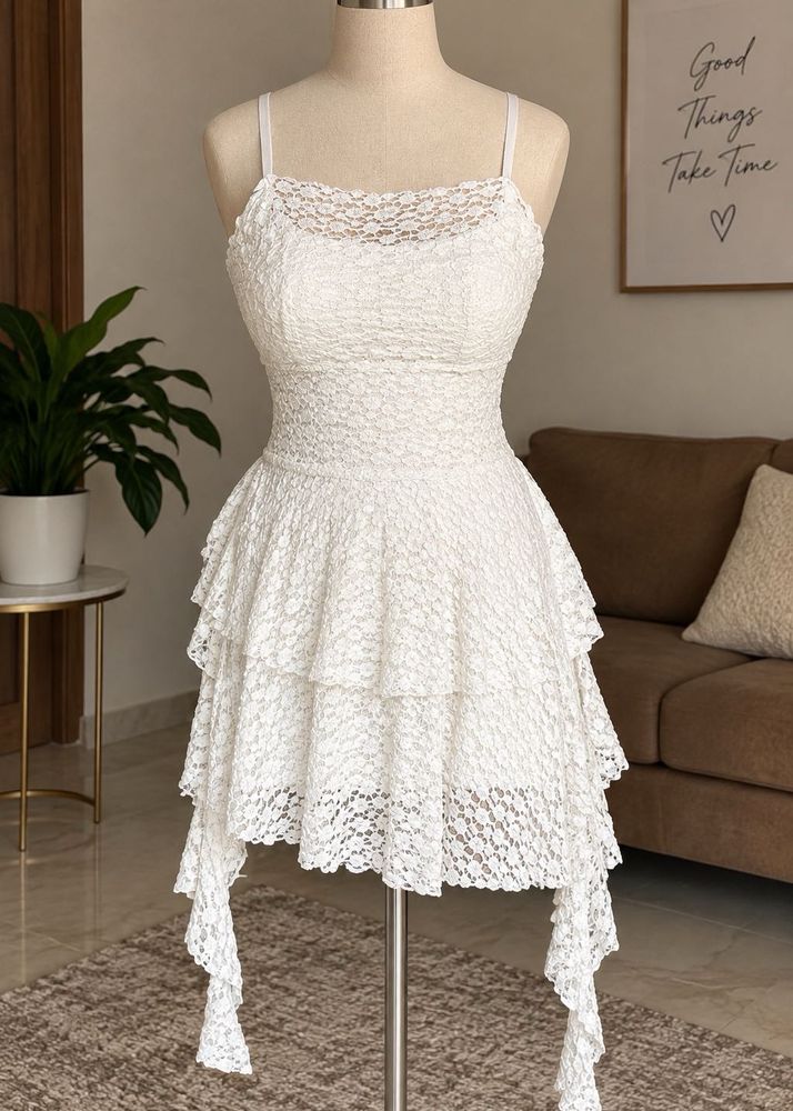 White Lace Asymmetrical Mini Dress