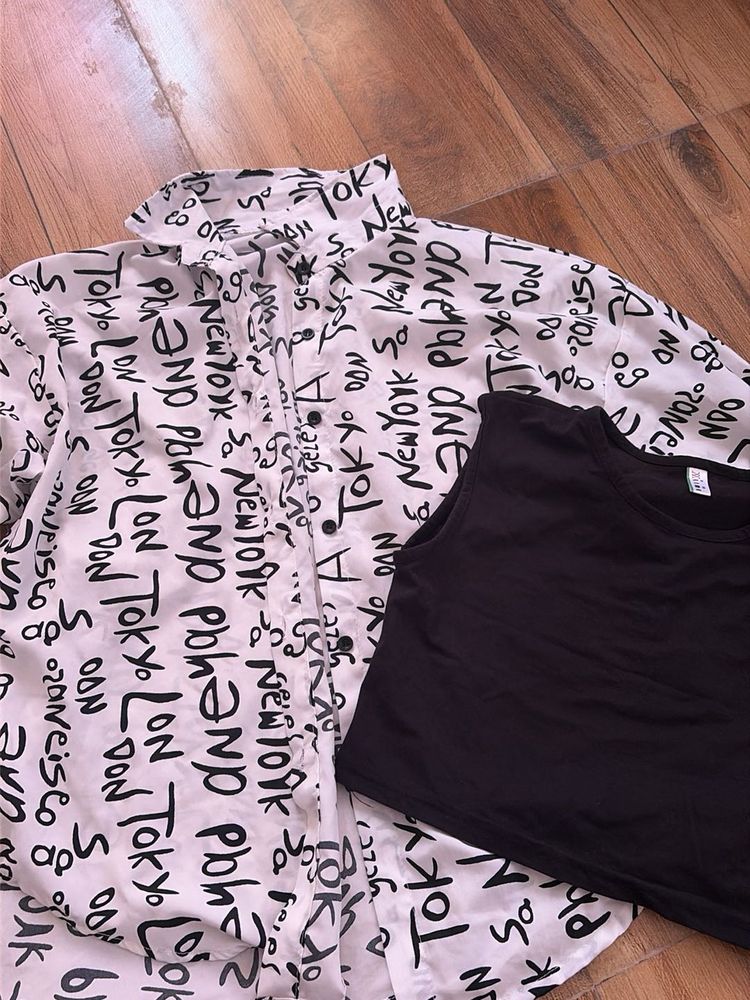 Graphic Print Shirt &amp; Black Tank Top Set