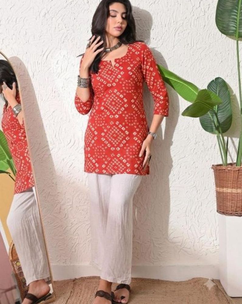 Red Bandhani Print Kurta with White Pants