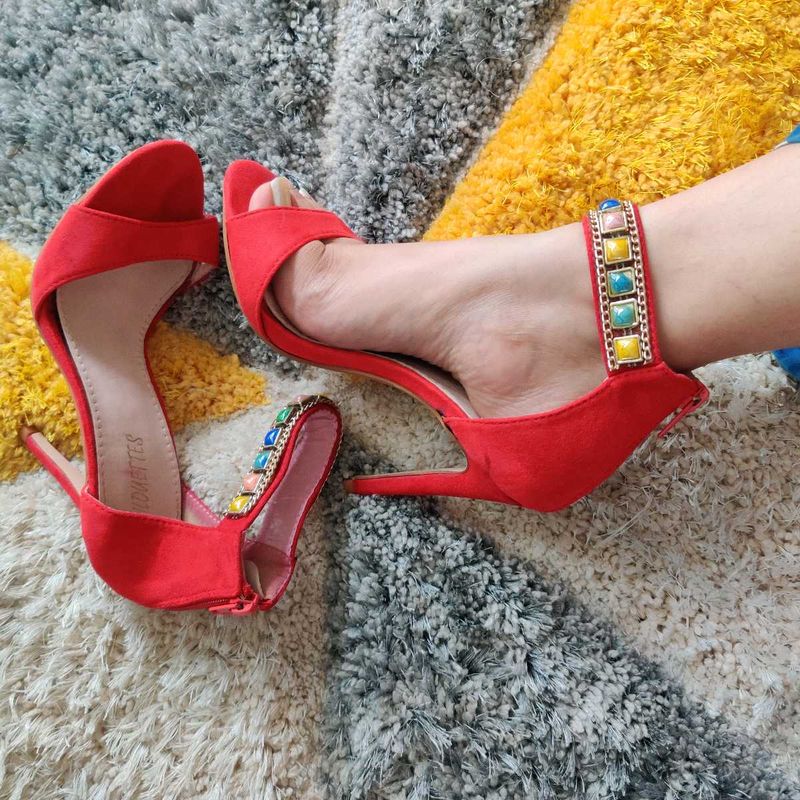 Red Embellished Strappy Heels