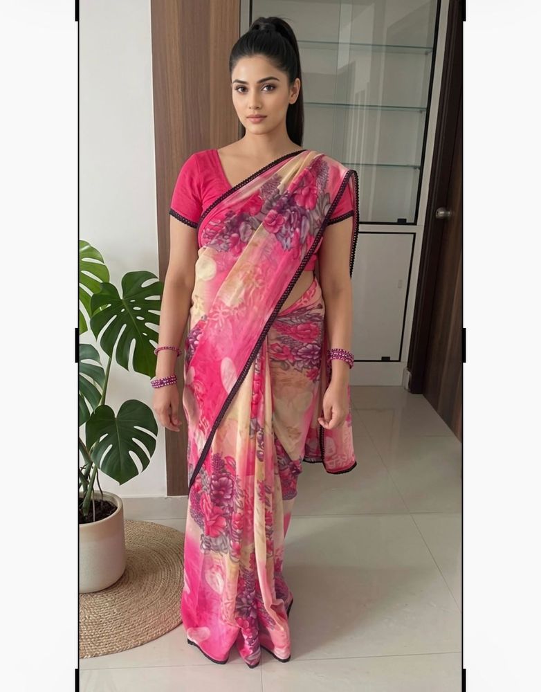Beautiful Floral Chiffon Saree wth black lace bord