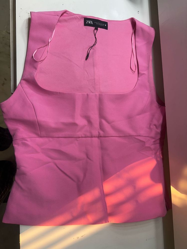 Zara Pink Square Neck Sleeveless Top