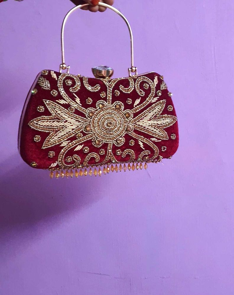 Maroon Clutch with Gold Embroidery