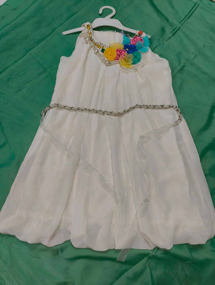 Girl's White Dress with Floral Detail