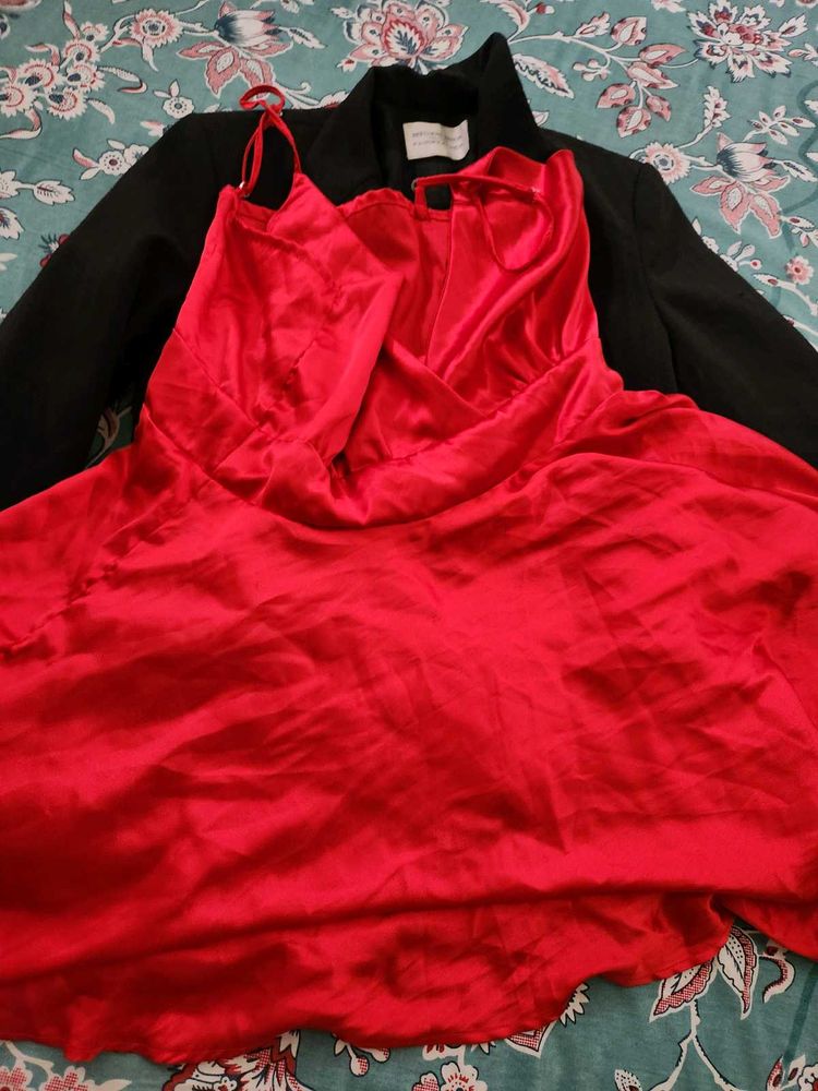 Stunning Red Satin Mini Dress- Deep Neck