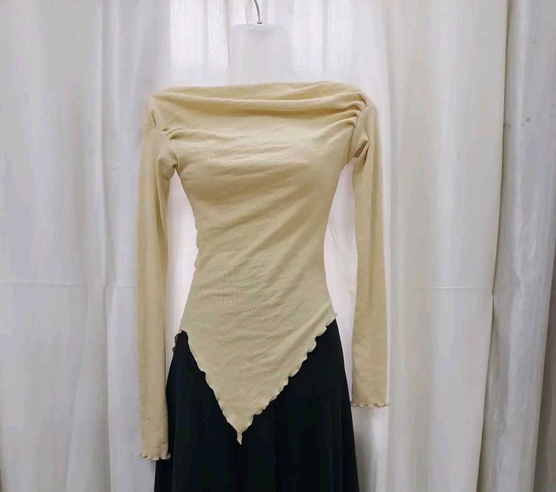Asymmetrical Hem Ribbed Long Sleeve Top