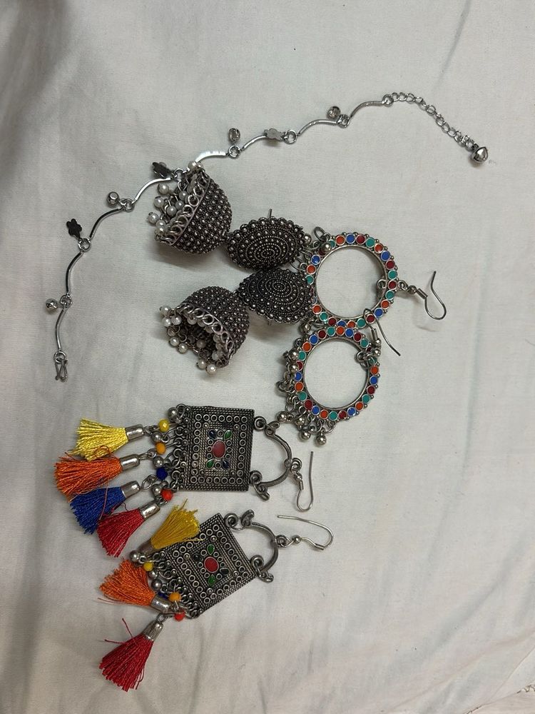 3 oxide Tassel Jhumkas &amp; Bracelet