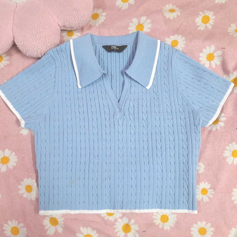 Women Braided Knit Johnny Collar Crop T-shirt