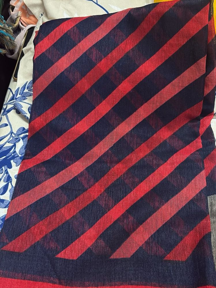 Stylish Red &amp; Blue Striped Saree