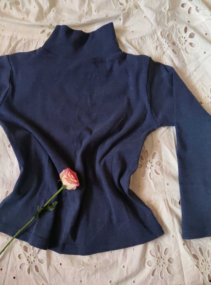Blue Mock Neck Long Sleeve Top