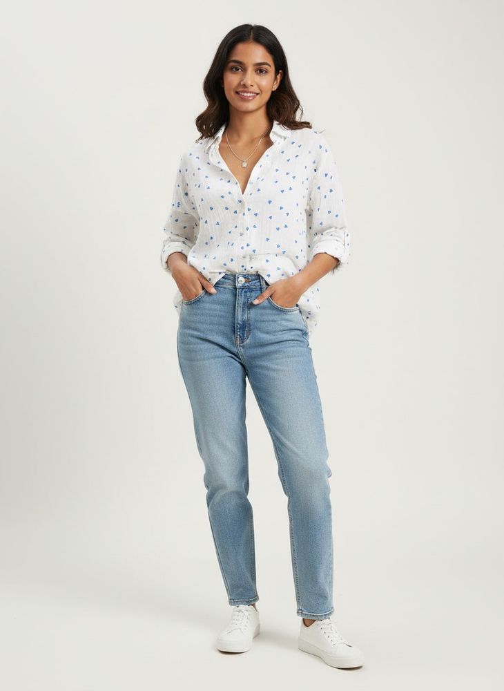 Only White Heart Print Button-Up Shirt