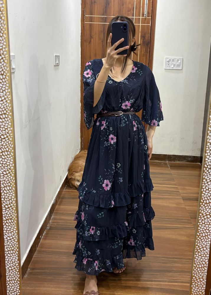 Indigo blue Floral Ruffle hem Midi Dress
