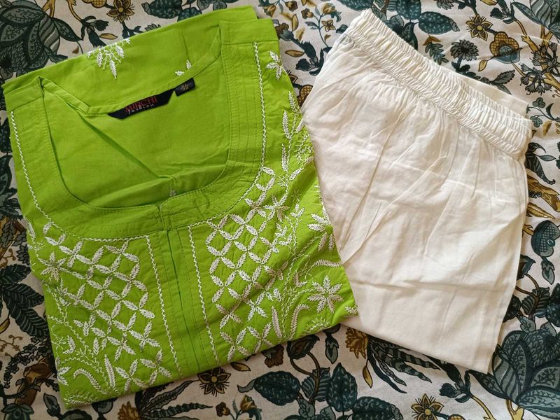 Bright Green Kurta with White Pants