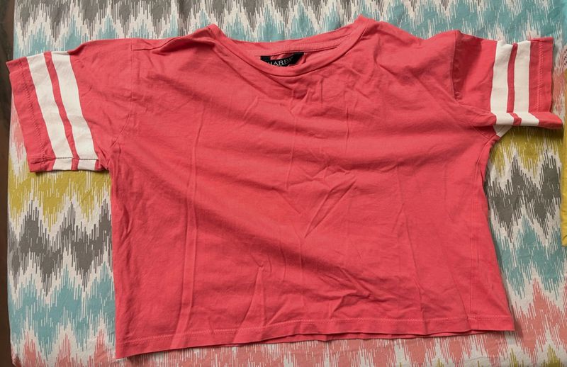 Coral Striped Sleeve T-Shirt