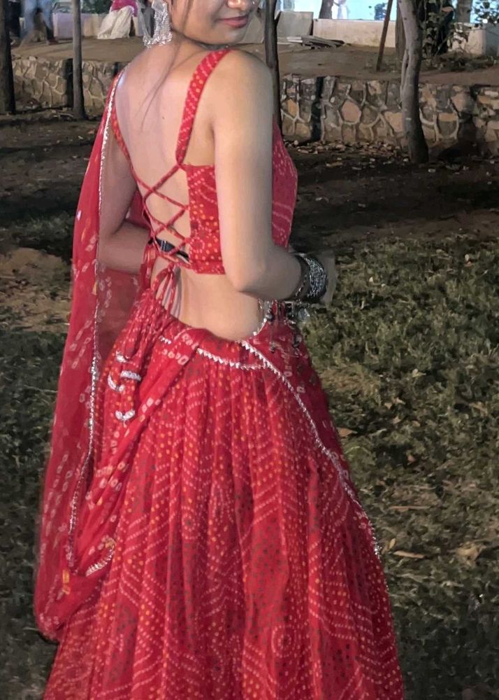 Women's Red Bandhani Printed Lehenga Choli Set wit