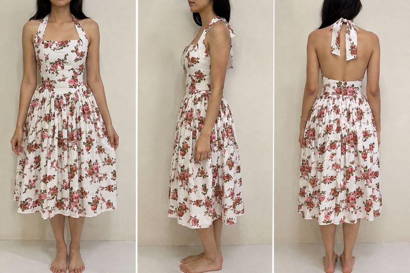 Vintage Floral Halter Neck Midi Dress