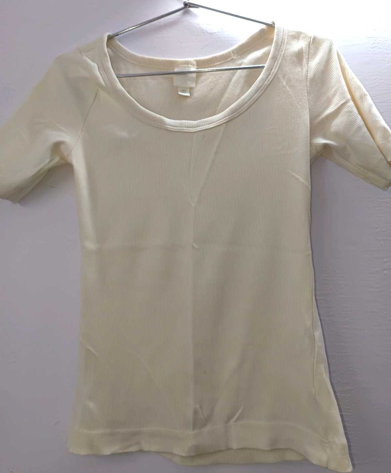 Cream Ribbed Short Sleeve Top