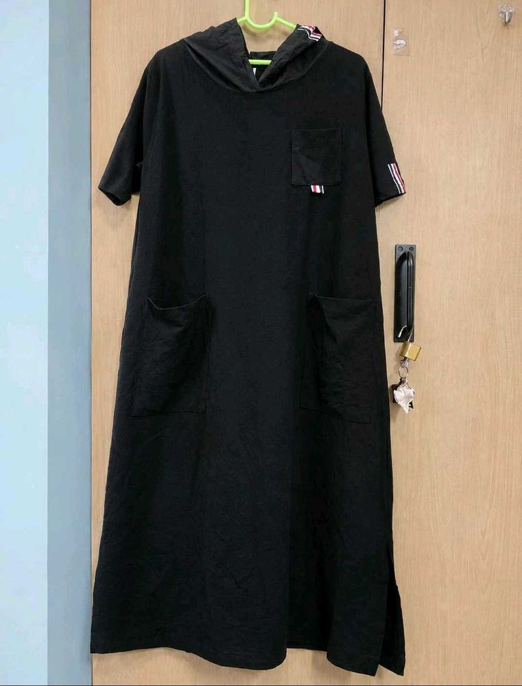 Casual Black Hooded Dress