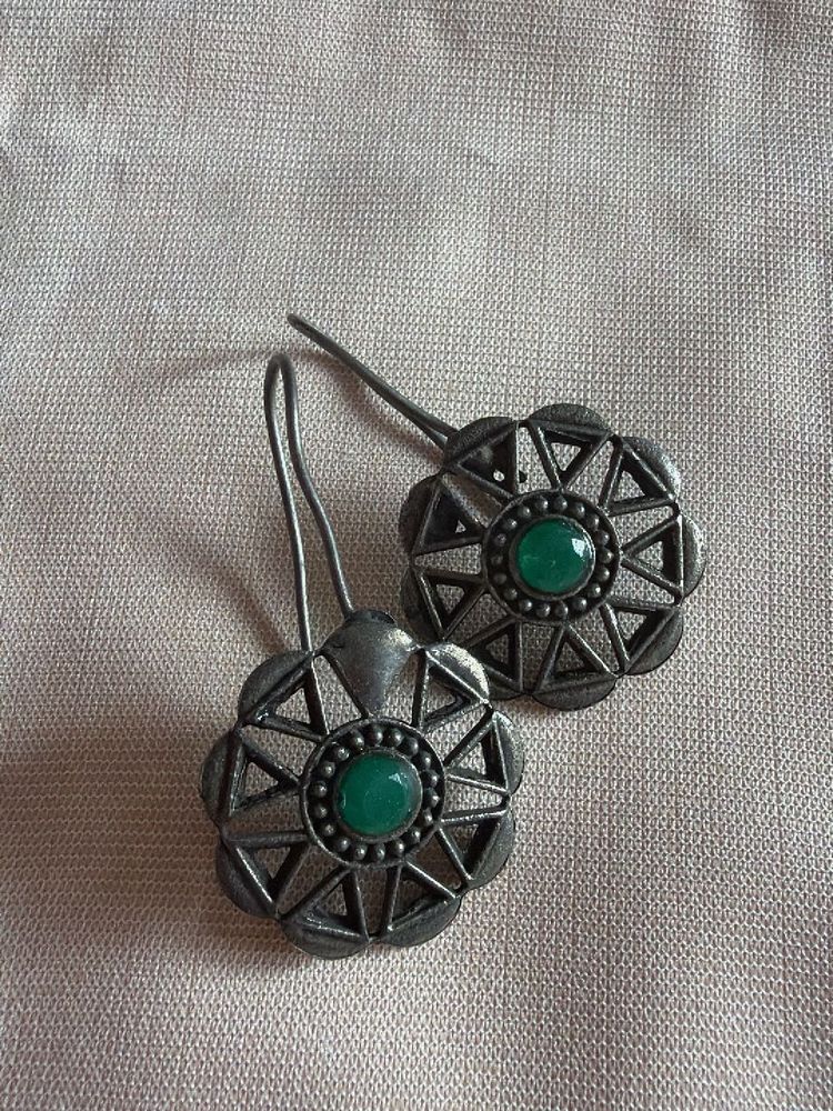 oxidized ethnic Dangle Earrings with Green Stone
