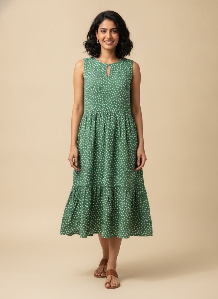 Green Polka Dot Tiered Midi Dress