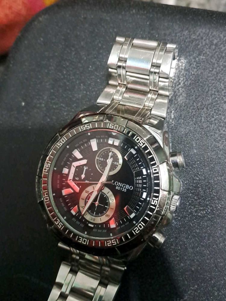 Heavy Silver Chain Watch With Black Dial.