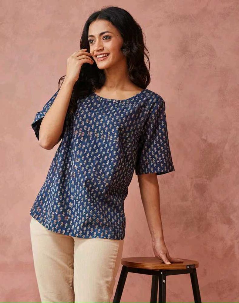 Fabindia Blue Cotton Dabu Printed Arcadian Top