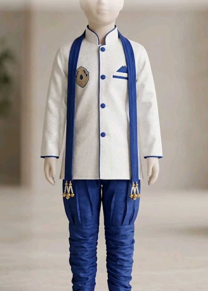 Boys White Kurta with Blue Pyjama Set