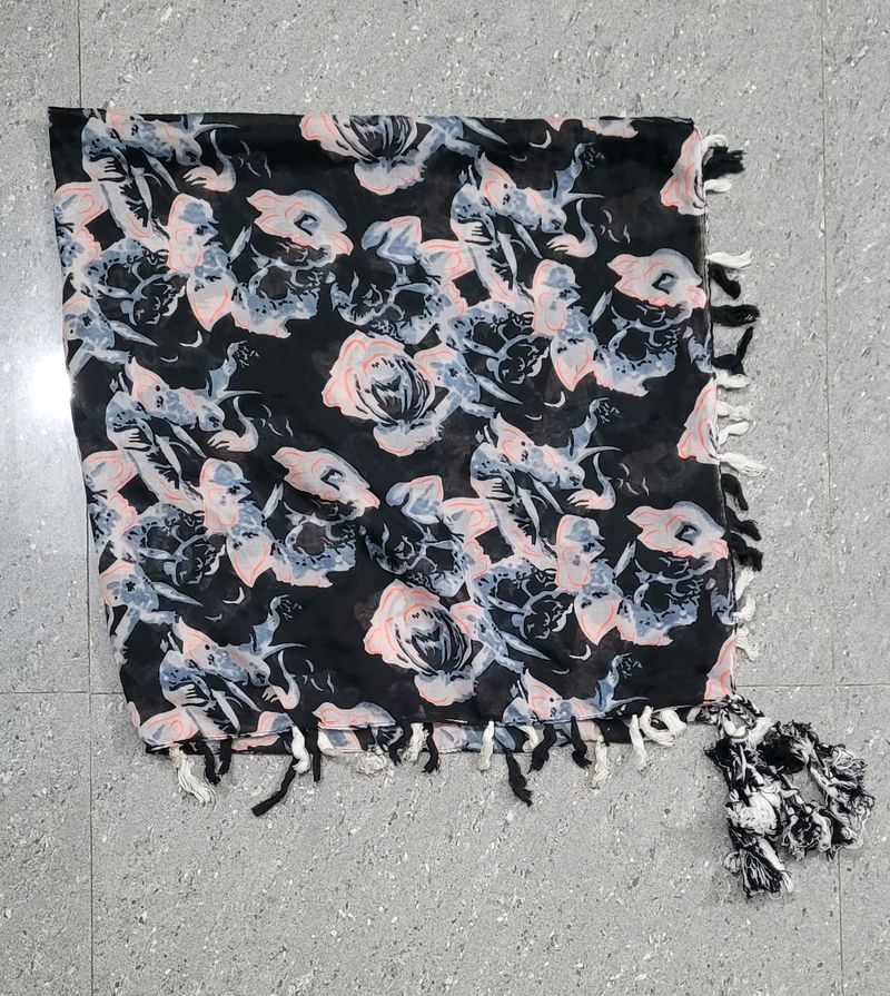 Black Printed Square Scarf With Pompoms