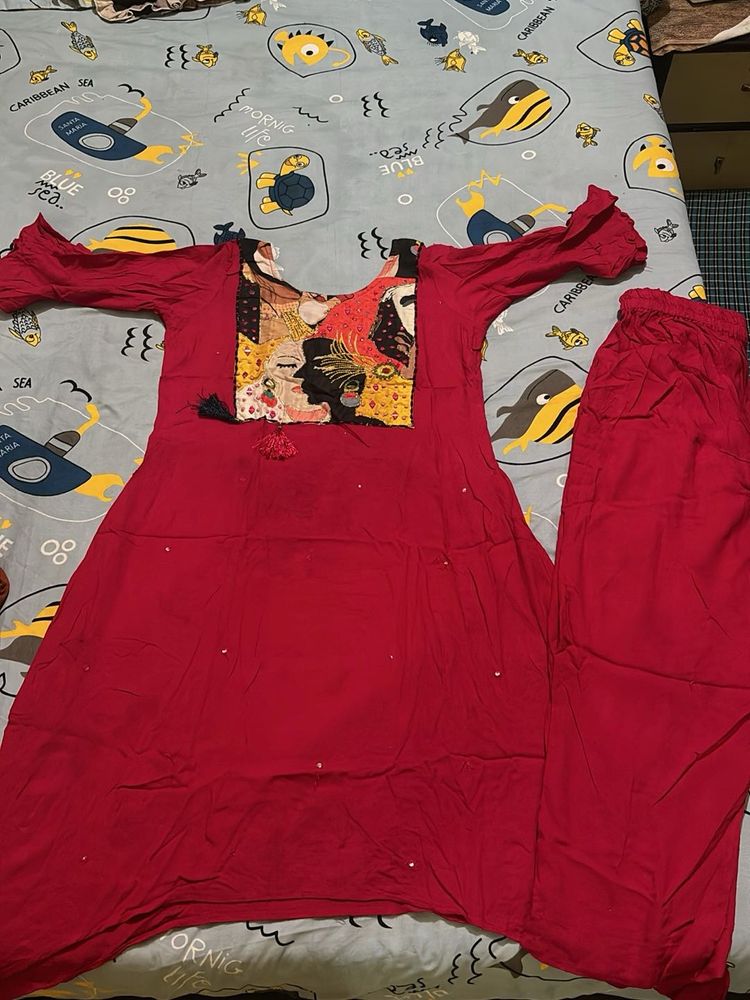 Red Kurta Set with Embellished Neckline